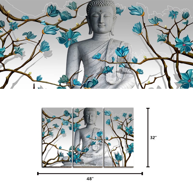 Visual Art Decor 3 Pieces Buddha Wall Art Buddha Statue with Abstract Blue Flowers Painting Canvas Prints for Living Room Bedroom Office Large Picture Decoration - Image 5